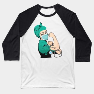 Pin Up Nurse Girl Wearing Mask with Strong Tattoo Baseball T-Shirt